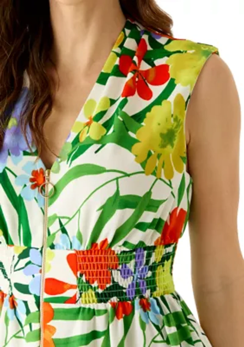 Women's Floral Front Zip Midi Dress