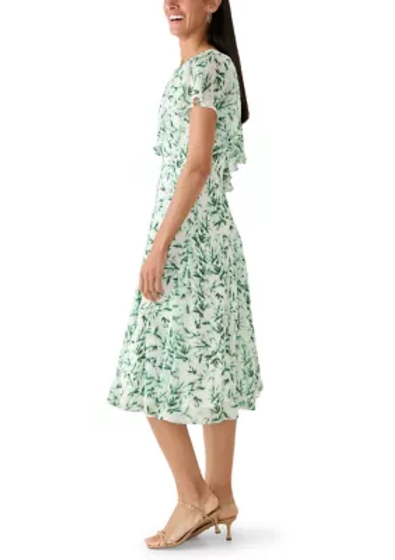 Women's Leaf Print Capelet Chiffon A-Line Dress