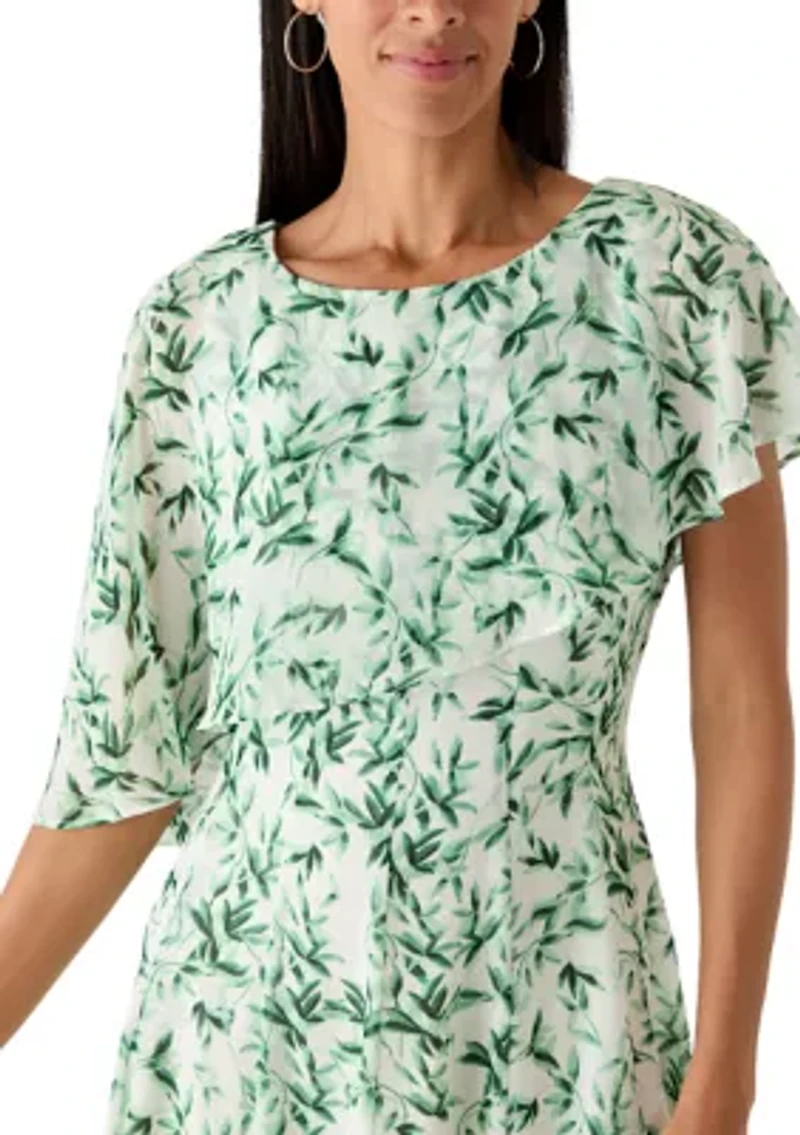 Women's Leaf Print Capelet Chiffon A-Line Dress