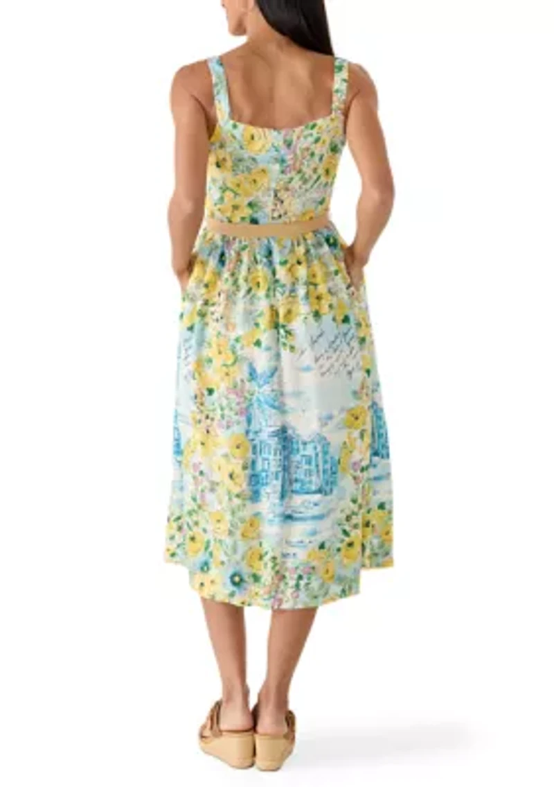 Women's Sleeveless Printed Linen A-Line Dress