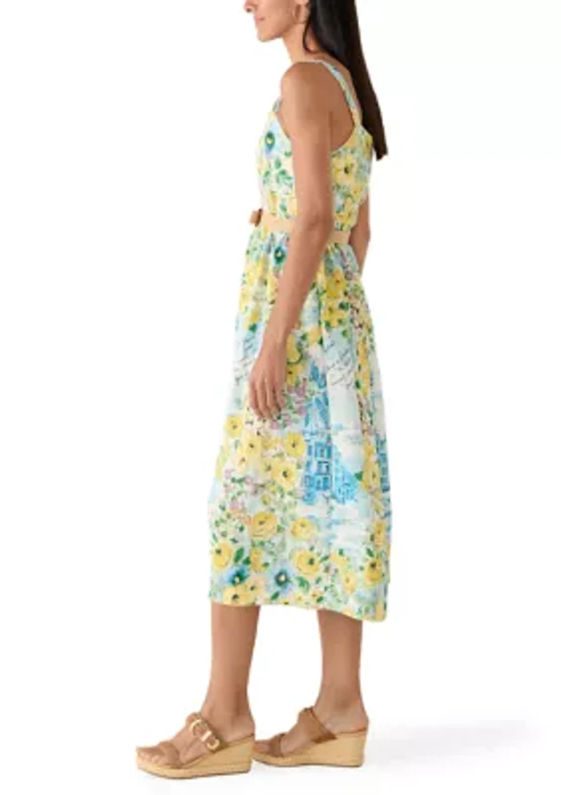 Women's Sleeveless Printed Linen A-Line Dress