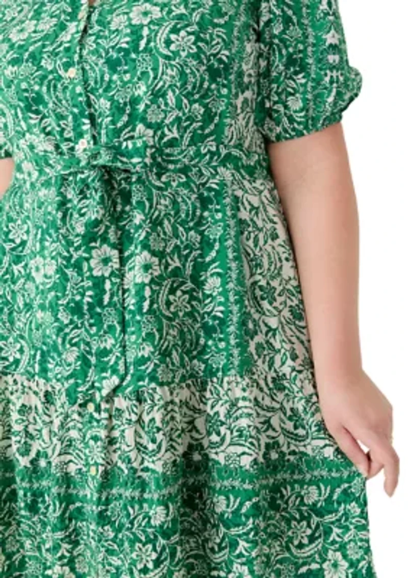 Plus Puff Sleeve Printed Chiffon Shirtdress