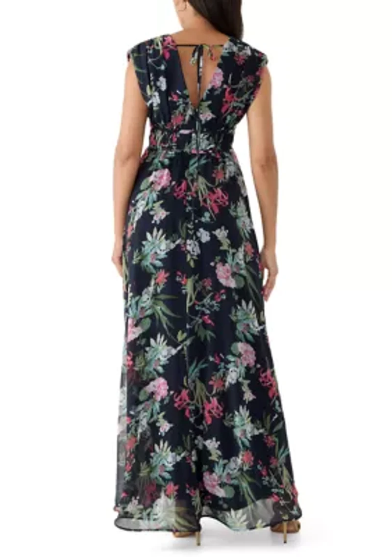 Women's Sleeveless V-Neck Floral Placement Printed Maxi Dress