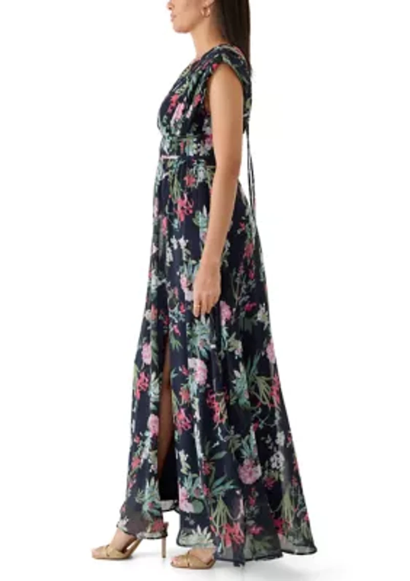Women's Sleeveless V-Neck Floral Placement Printed Maxi Dress