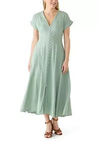 Women's Short Sleeve Solid Linen A-Line Dress