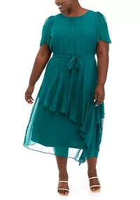 Plus Short Sleeve Ruffle Tiered Midi Dress