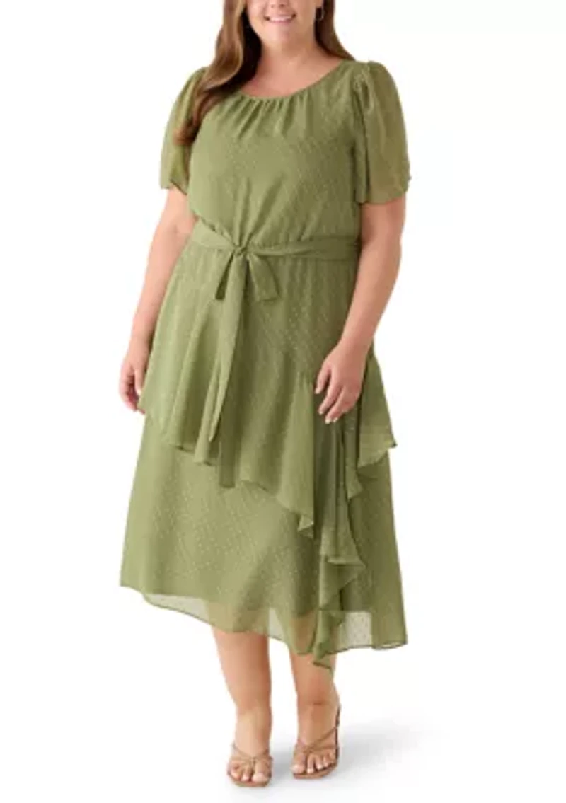 Plus Short Sleeve Ruffle Tiered Midi Dress