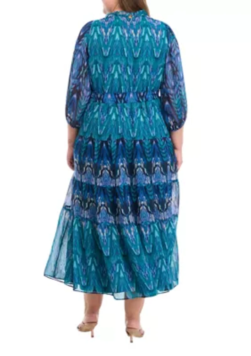 Plus 3/4 Sleeve Printed Fit and Flare Dress