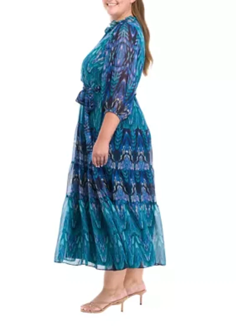 Plus 3/4 Sleeve Printed Fit and Flare Dress
