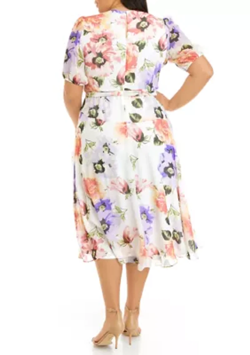 Plus Short Sleeve Floral Chiffon Wrap Dress