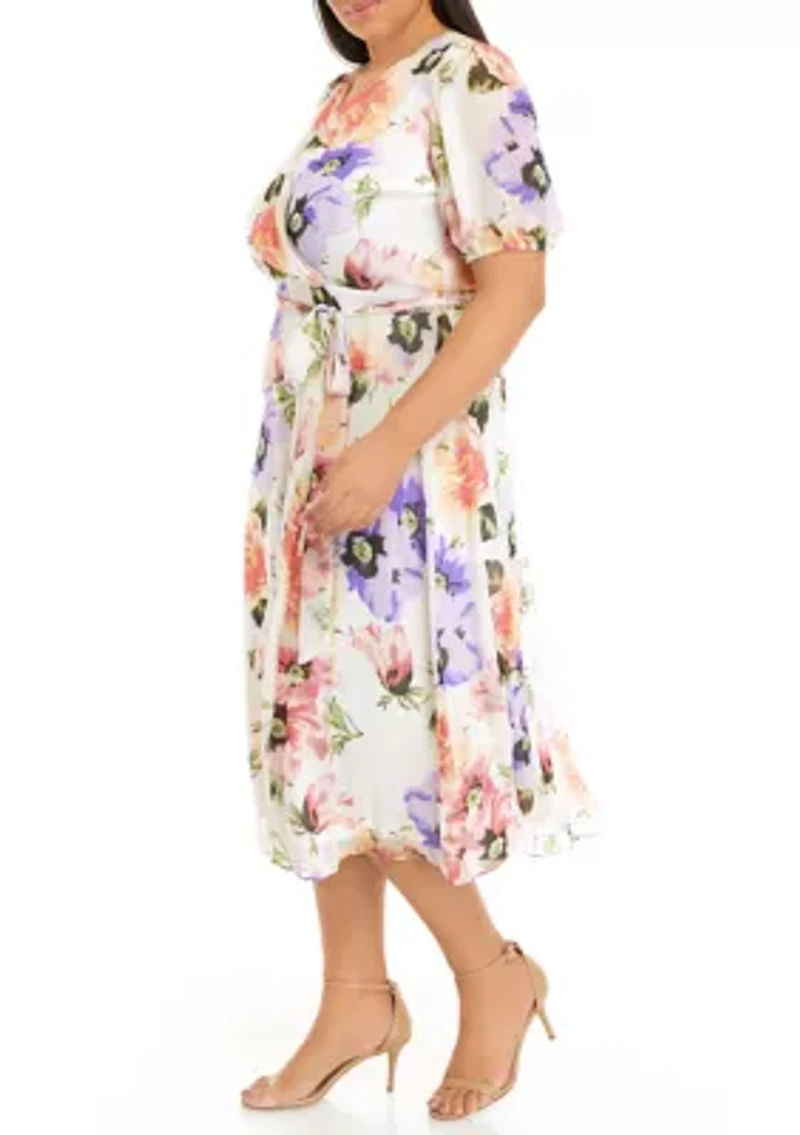 Plus Short Sleeve Floral Chiffon Wrap Dress