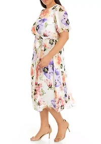 Plus Short Sleeve Floral Chiffon Wrap Dress
