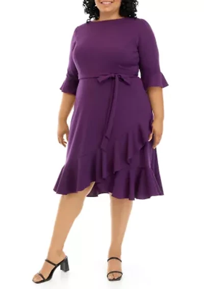 Plus Sash Waist Ruffled Dress