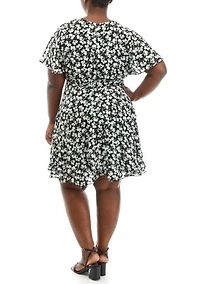 Plus V-Neck Floral Wrap Dress