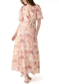 Women's Puff Sleeve Floral Lurex Chiffon Wrap Maxi Dress