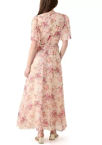 Women's Puff Sleeve Floral Lurex Chiffon Wrap Maxi Dress