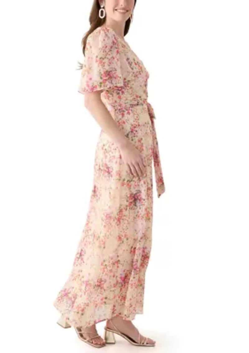 Women's Puff Sleeve Floral Lurex Chiffon Wrap Maxi Dress