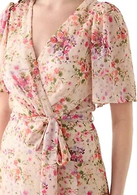 Women's Puff Sleeve Floral Lurex Chiffon Wrap Maxi Dress