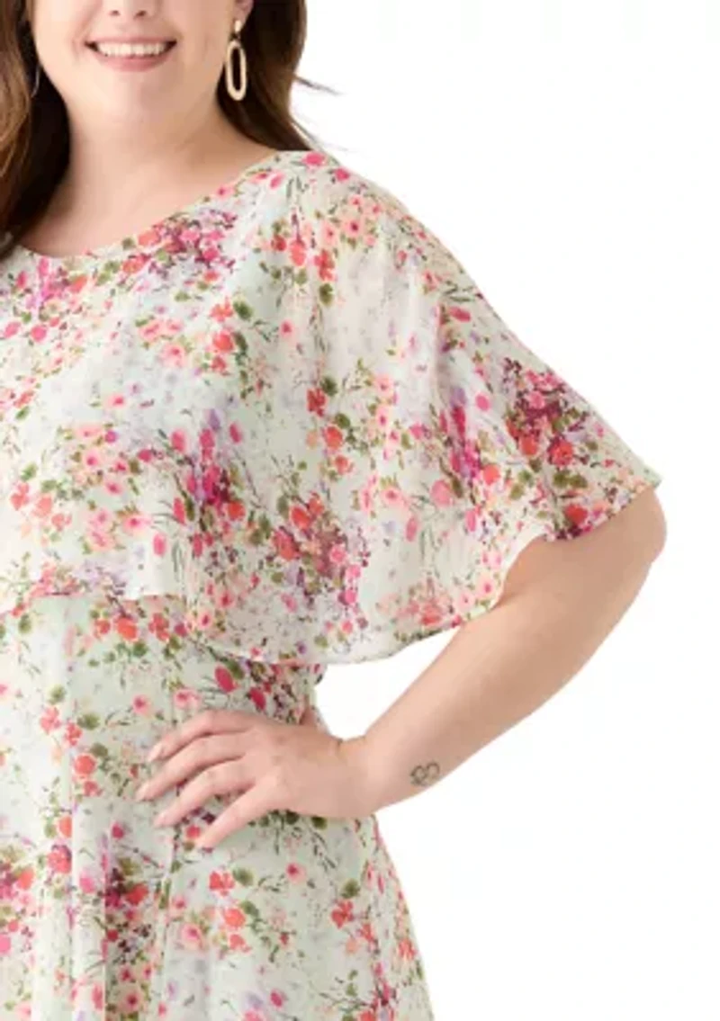 Plus Short Sleeve Crew Neck Ditsy Floral Dress