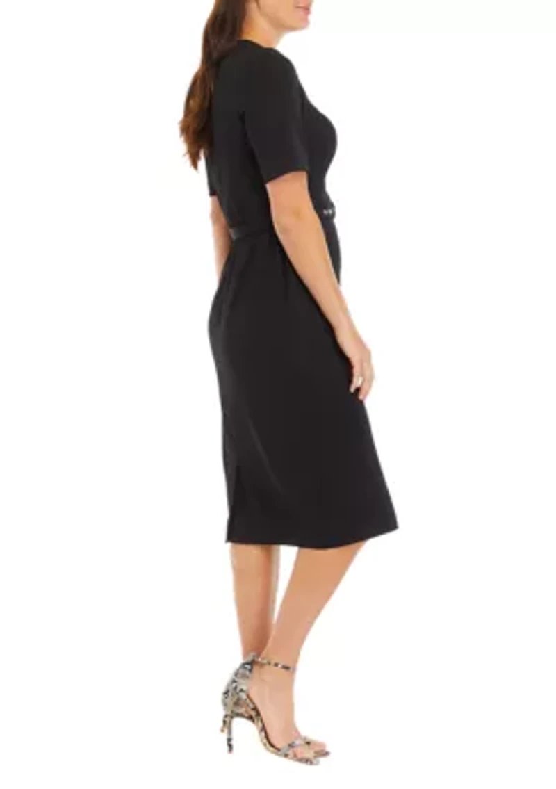 Women's Square Neck Solid Belted Sheath Dress