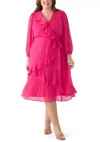 Plus Long Sleeve V-Neck Solid Ruffle Fit and Flare Dress