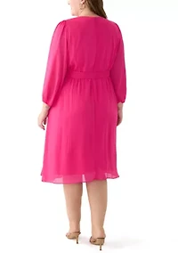 Plus Long Sleeve V-Neck Solid Ruffle Fit and Flare Dress