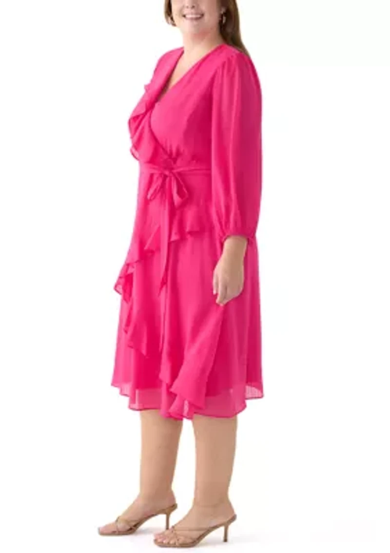 Plus Long Sleeve V-Neck Solid Ruffle Fit and Flare Dress