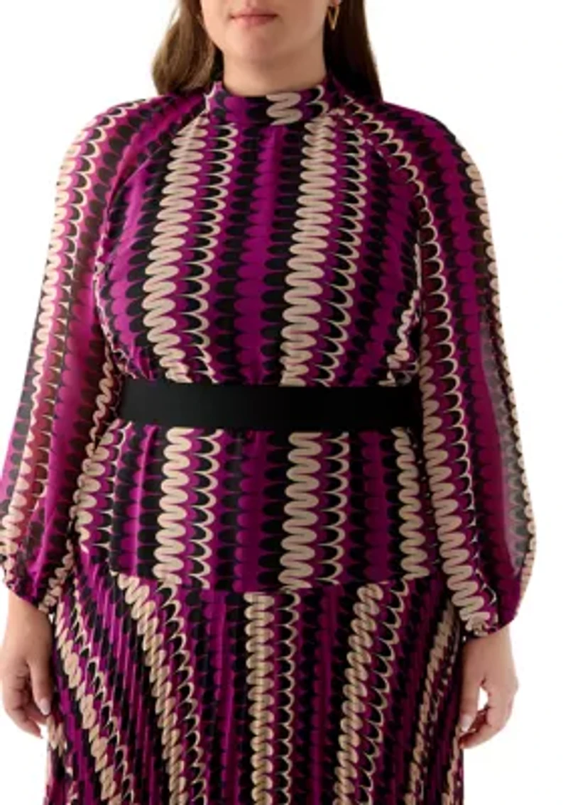 Plus Mock Neck Printed Chiffon Dress