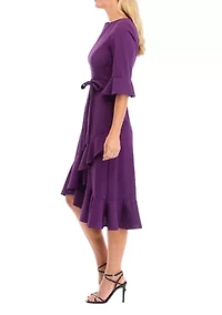 Women's Bell Sleeve Ruffle Crepe Fit and Flare Dress