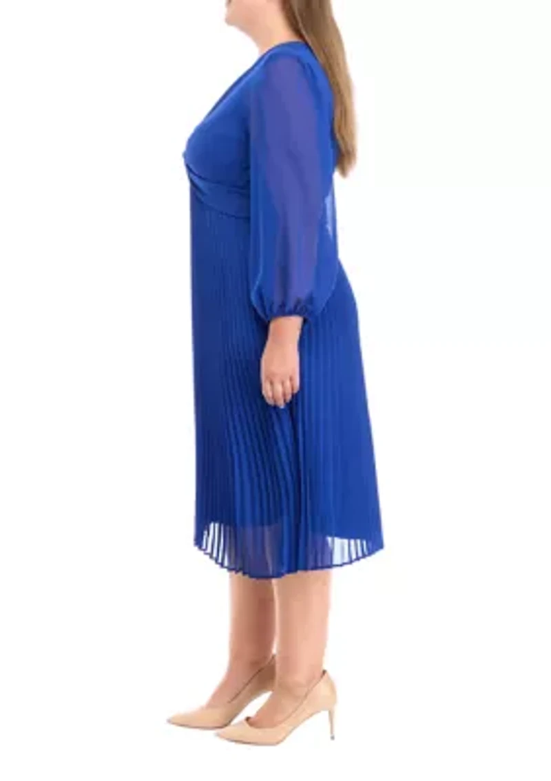 Plus Long Sleeve V-Neck Solid Fit and Flare Dress