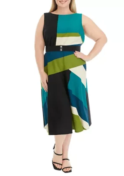 Plus Sleeveless Printed Belted Fit and Flare Dress