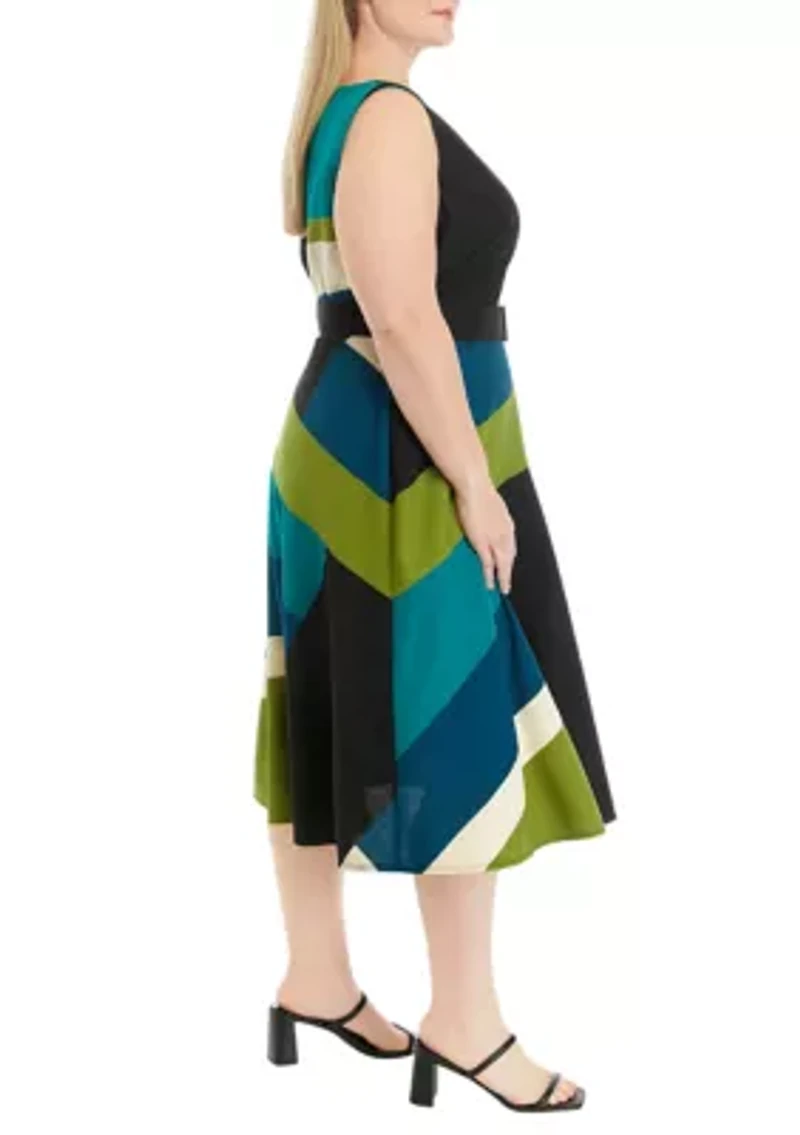 Plus Sleeveless Printed Belted Fit and Flare Dress
