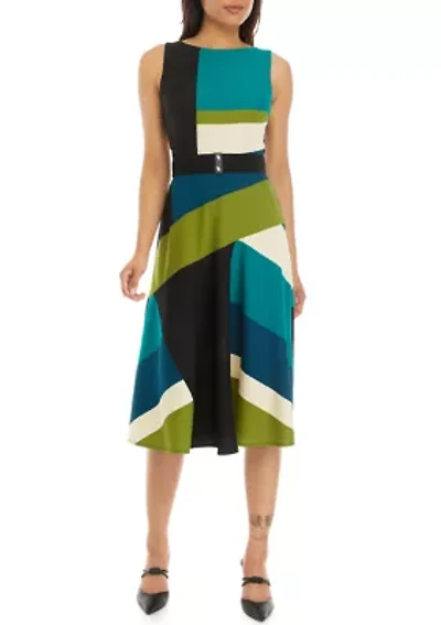 Women's Sleeveless Belted Crepe Color Block Fit and Flare Dress