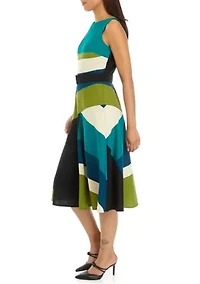 Women's Sleeveless Belted Crepe Color Block Fit and Flare Dress