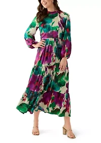 Women's Long Sleeve Mock Neck Floral Print Satin Dress