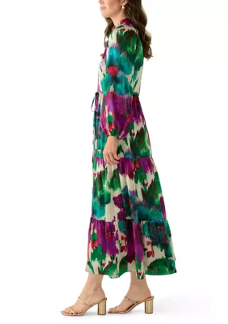 Women's Long Sleeve Mock Neck Floral Print Satin Dress