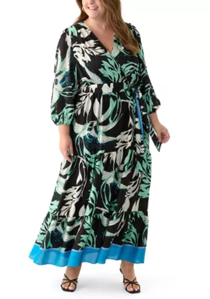 Plus Long Sleeve V-Neck Surplice Printed Maxi Dress