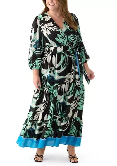 Plus Long Sleeve V-Neck Surplice Printed Maxi Dress