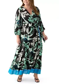 Plus Long Sleeve V-Neck Surplice Printed Maxi Dress