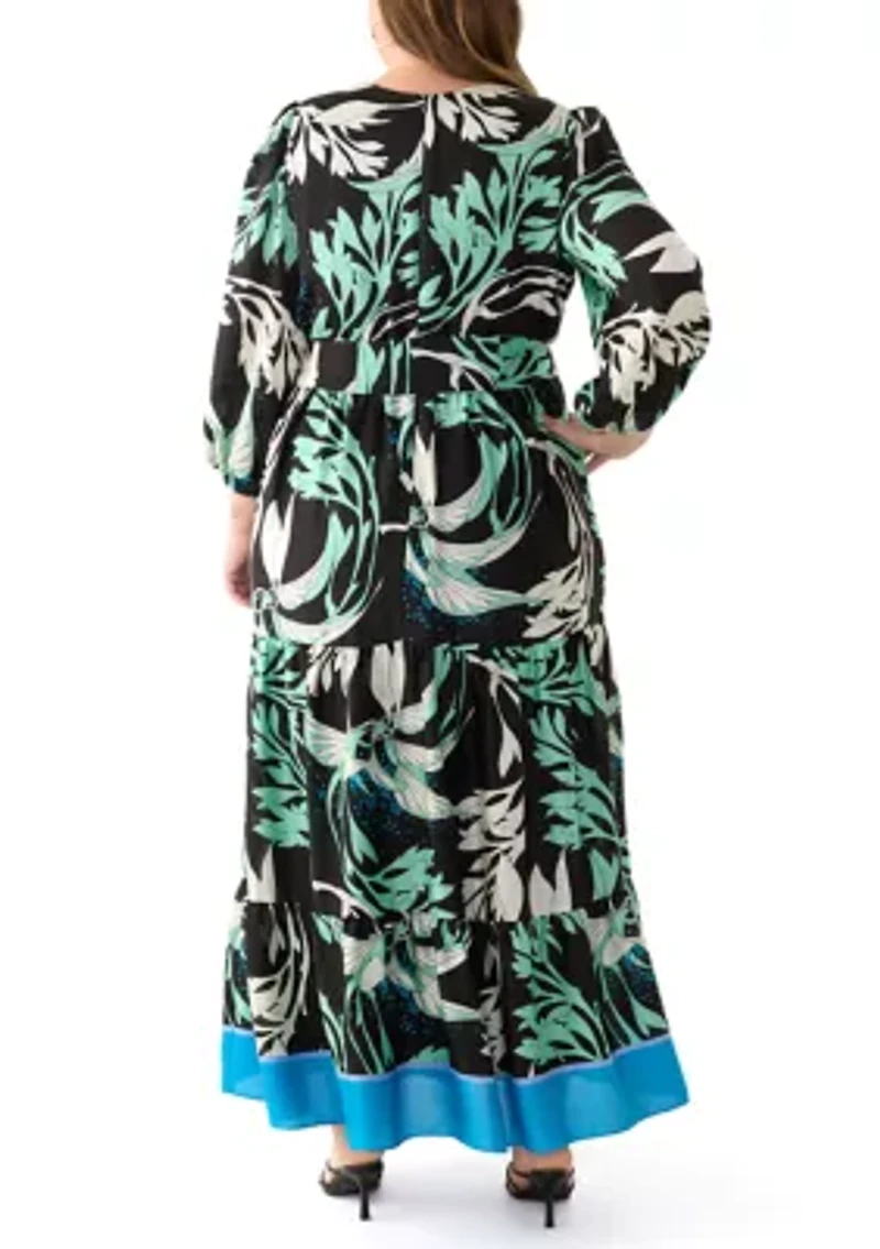 Plus Long Sleeve V-Neck Surplice Printed Maxi Dress