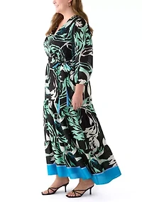 Plus Long Sleeve V-Neck Surplice Printed Maxi Dress