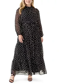 Plus Long Sleeve Dot Print Maxi Dress