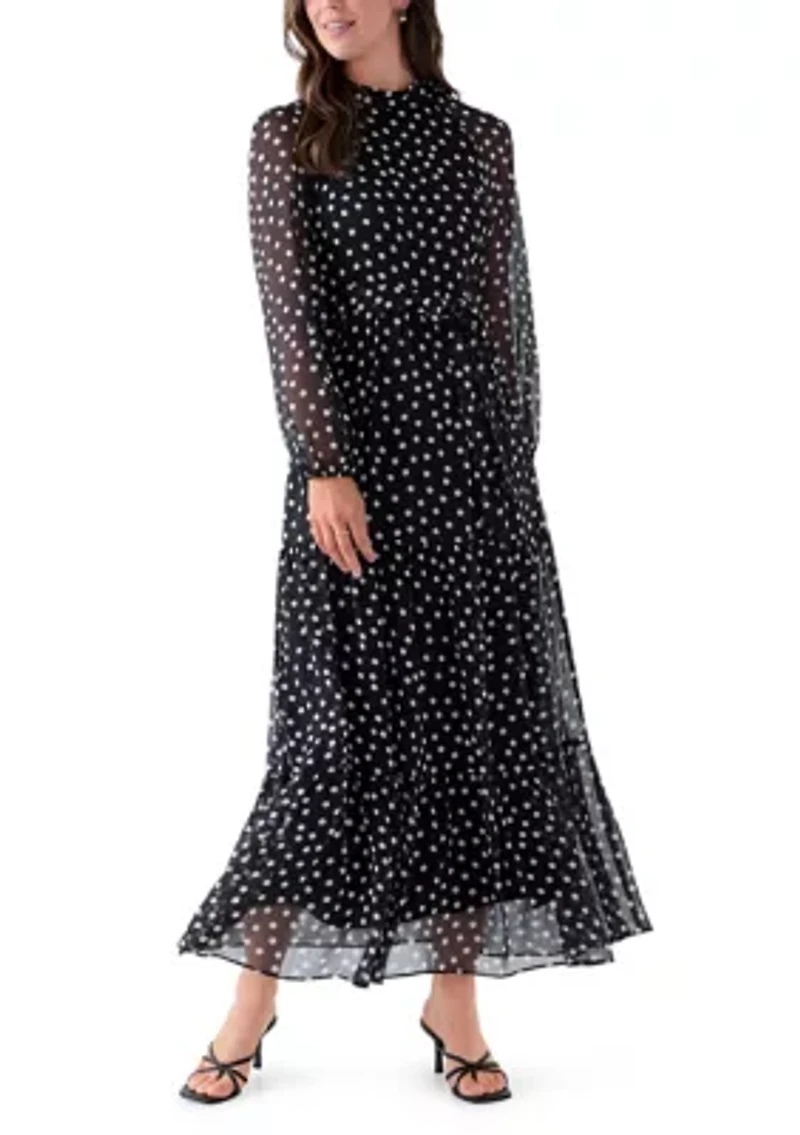 Women's Long Sleeve Mock Neck Polka Dot Chiffon Dress