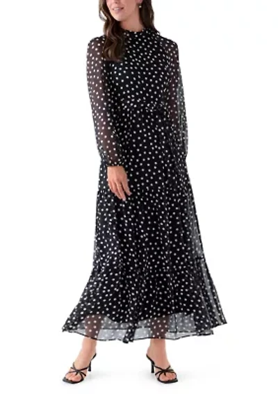 Women's Long Sleeve Mock Neck Polka Dot Chiffon Dress