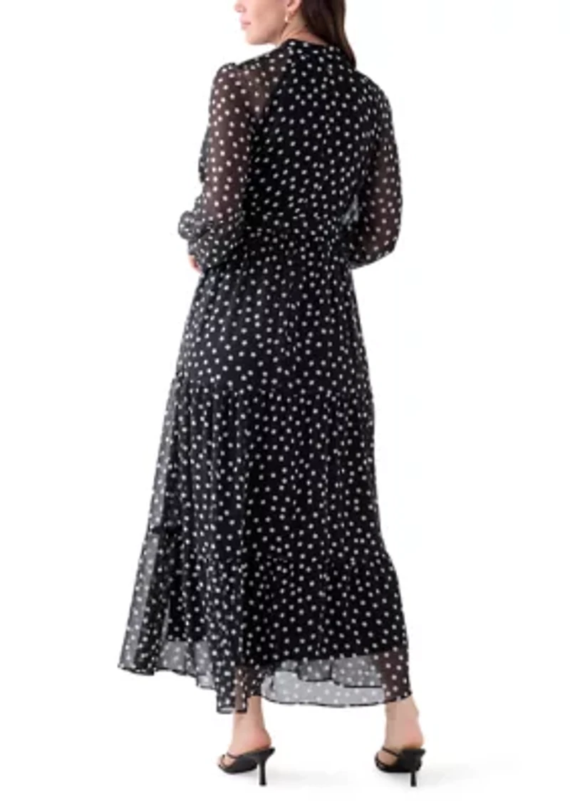 Women's Long Sleeve Mock Neck Polka Dot Chiffon Dress