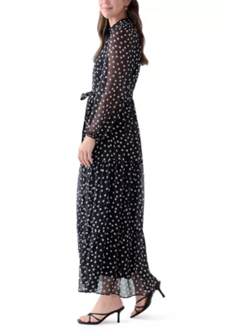 Women's Long Sleeve Mock Neck Polka Dot Chiffon Dress