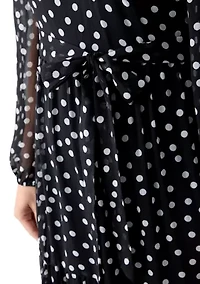 Women's Long Sleeve Mock Neck Polka Dot Chiffon Dress