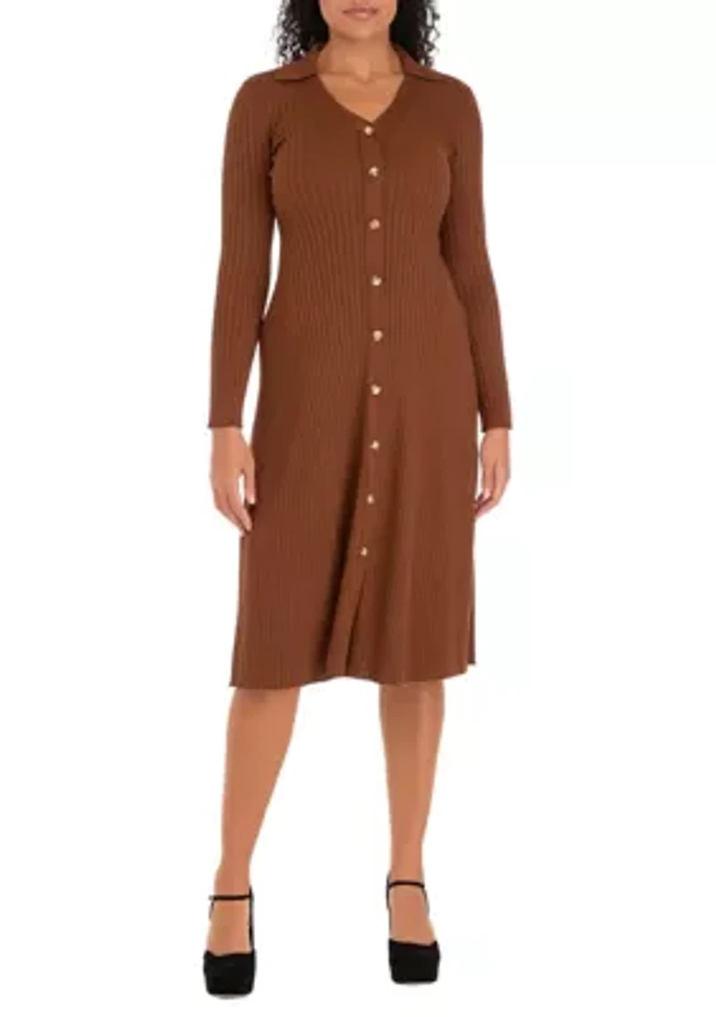 Women's Long Sleeve Collar Button Down Solid Sheath Dress