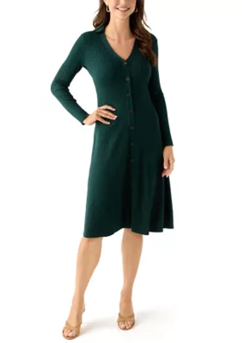 Women's Long Sleeve Collar Button Down Solid Sheath Dress