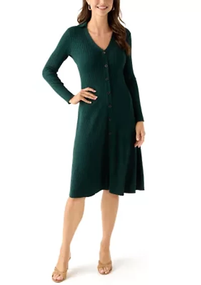 Women's Long Sleeve Collar Button Down Solid Sheath Dress